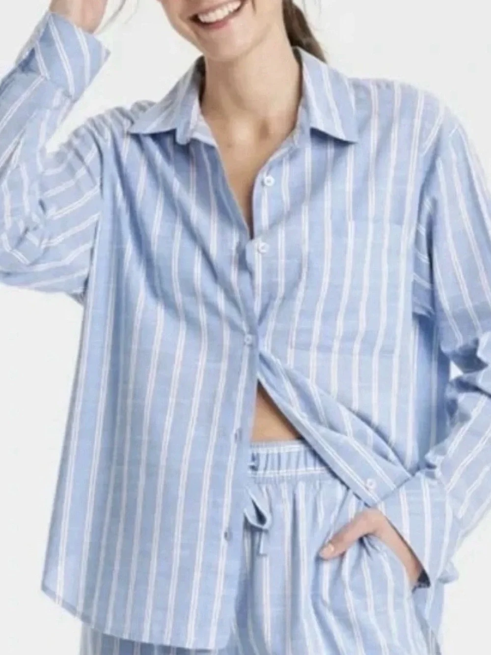 Target Light Blue and White Striped Button-Up Pajama Top - Picture 1 of 6